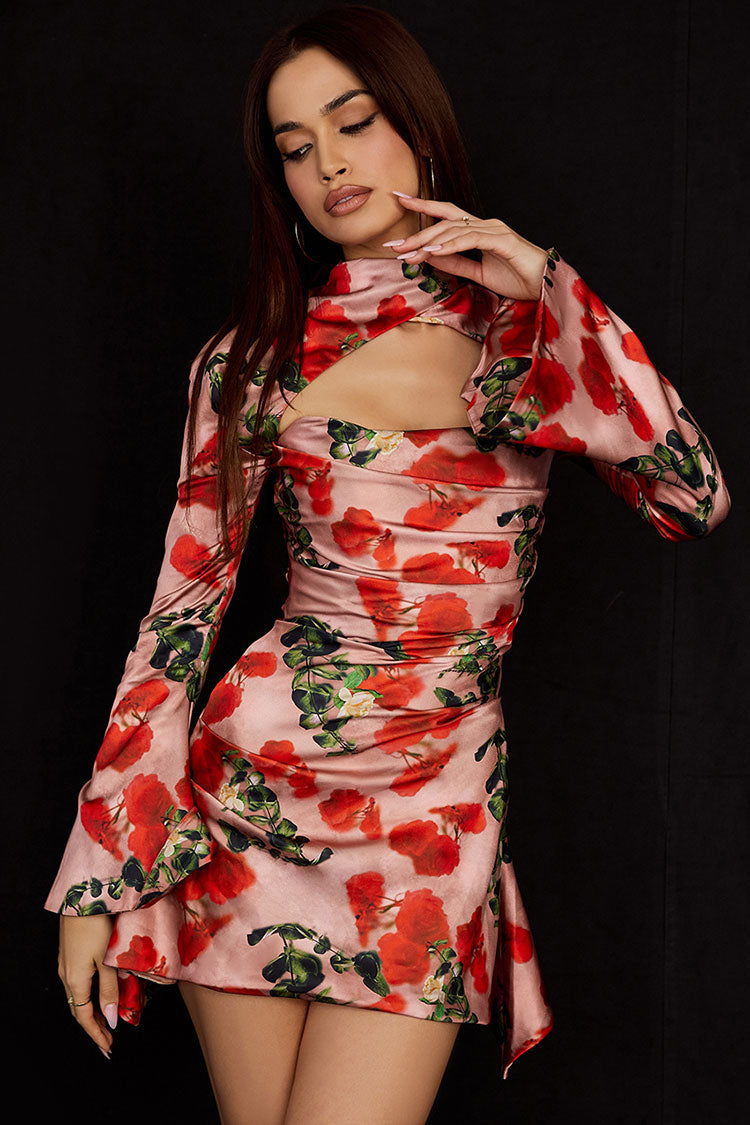 Red High Neck Bell Sleeve Floral Satin Cutout Ruched Bodycon Mini Dress