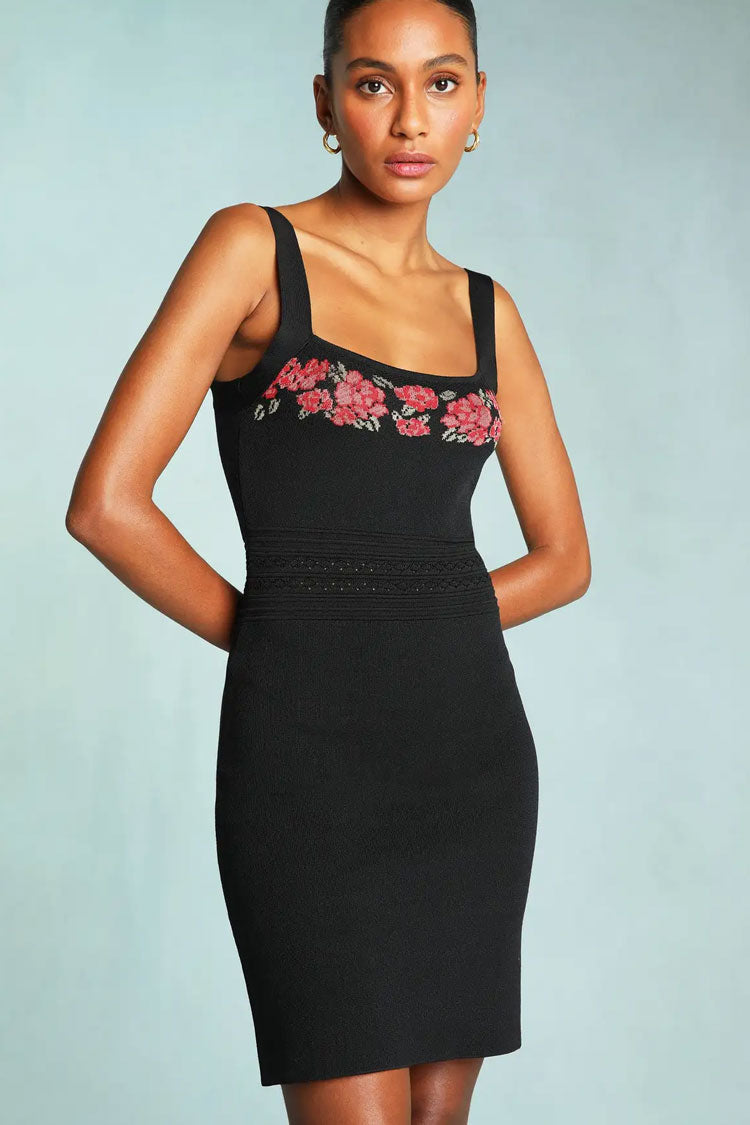 Black Sweetheart Neck Floral Embroidered Knit Bodycon Mini Dress