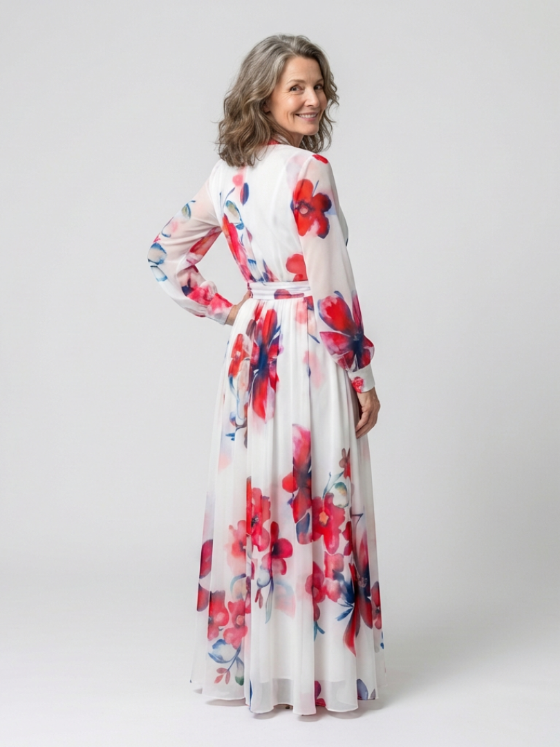 Surplice V-Neck Floral Long Sleeve Tie Waist Chiffon Maxi Dress 3