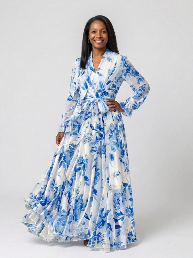 Surplice V-Neck Floral Long Sleeve Tie Waist Chiffon Maxi Dress 2
