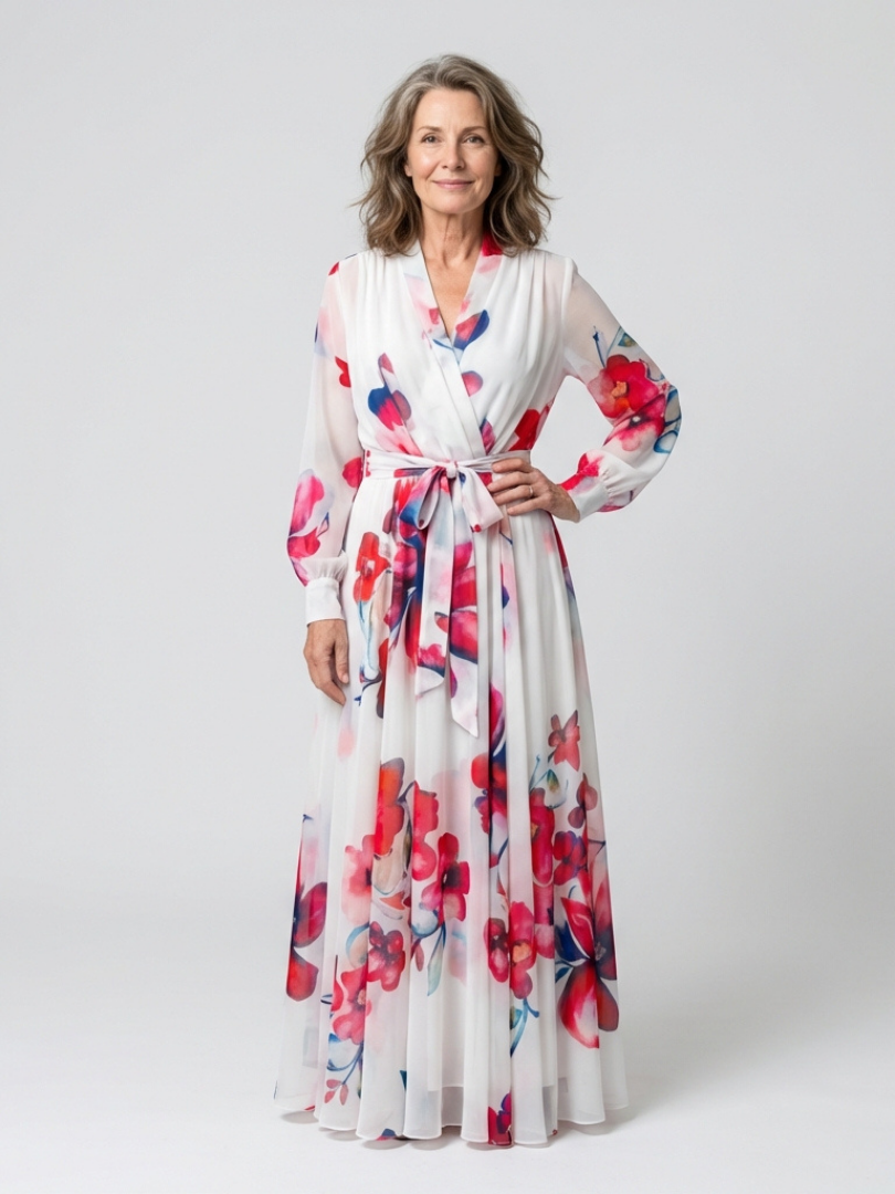 Surplice V-Neck Floral Long Sleeve Tie Waist Chiffon Maxi Dress