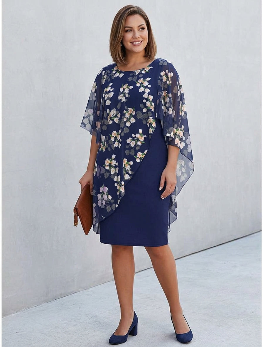 Round Neck Floral Chiffon Cape Overlay Sheath Midi Dress 2