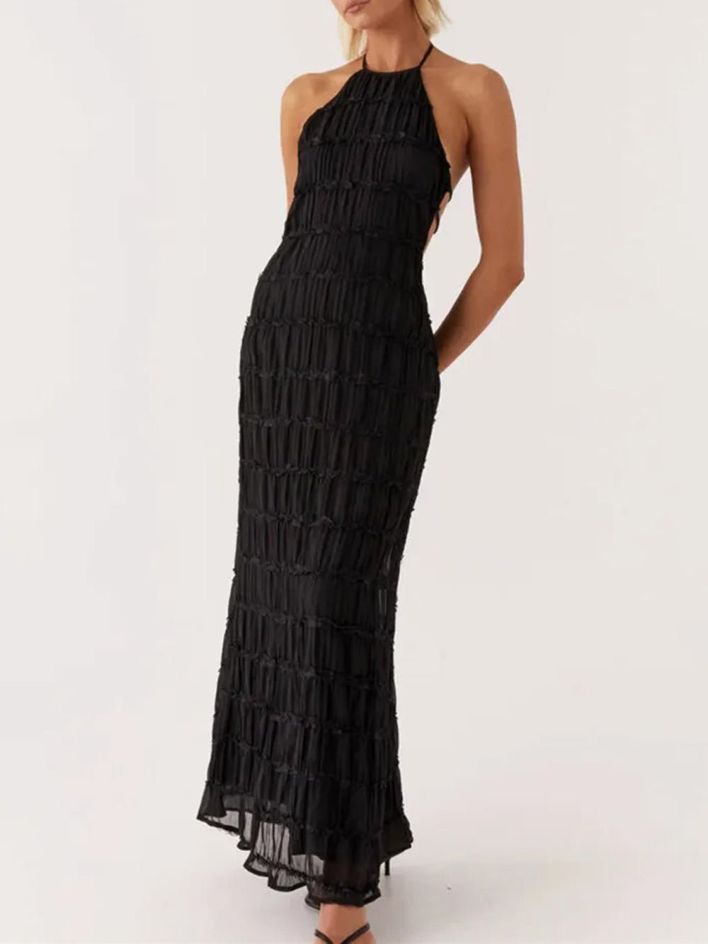 Halter Neck Tiered Ruffle Pleated Bodycon Maxi Dress 4