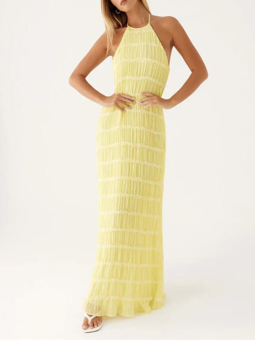 Halter Neck Tiered Ruffle Pleated Bodycon Maxi Dress 9