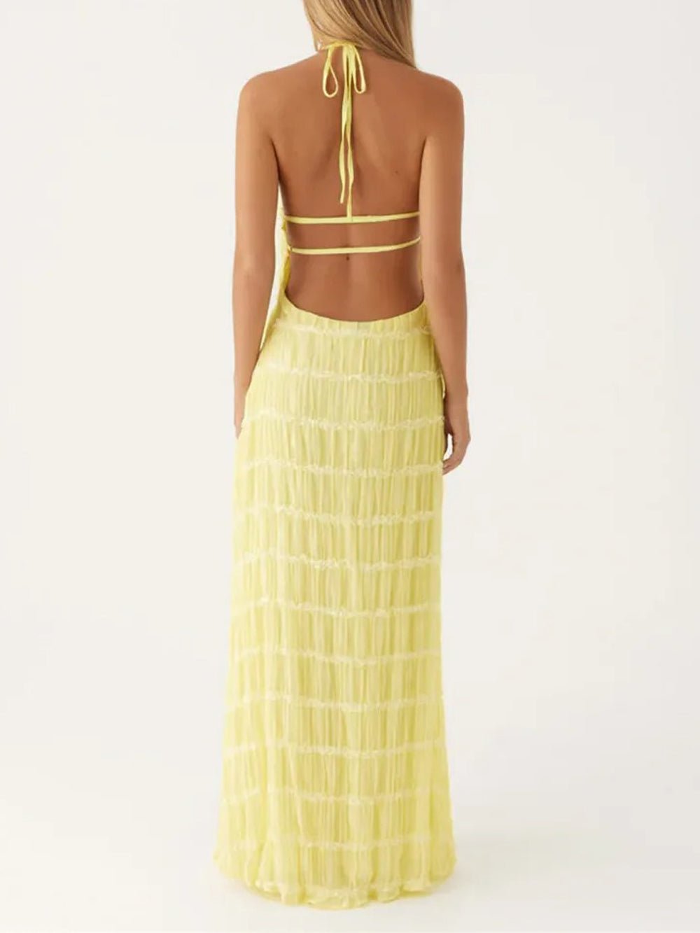 Halter Neck Tiered Ruffle Pleated Bodycon Maxi Dress 10