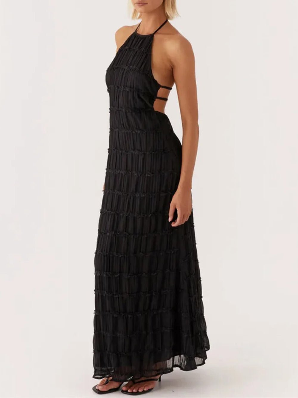 Halter Neck Tiered Ruffle Pleated Bodycon Maxi Dress 3