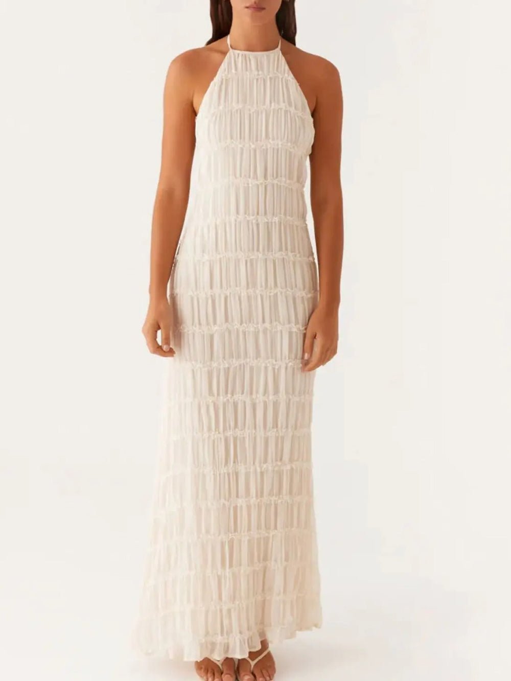 Halter Neck Tiered Ruffle Pleated Bodycon Maxi Dress 6