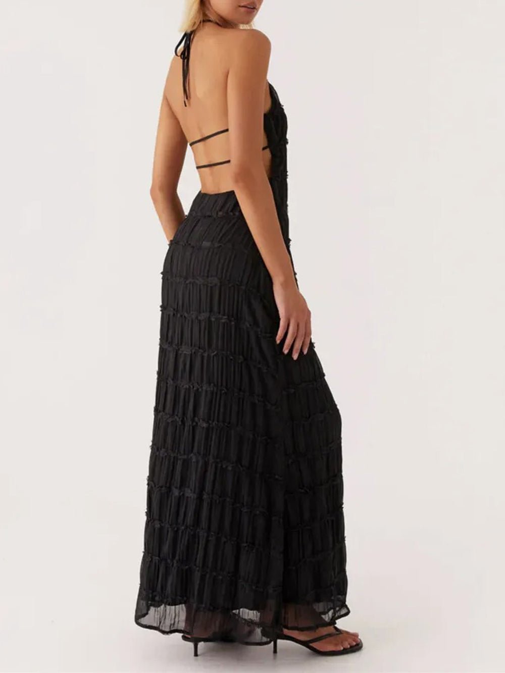 Halter Neck Tiered Ruffle Pleated Bodycon Maxi Dress 5