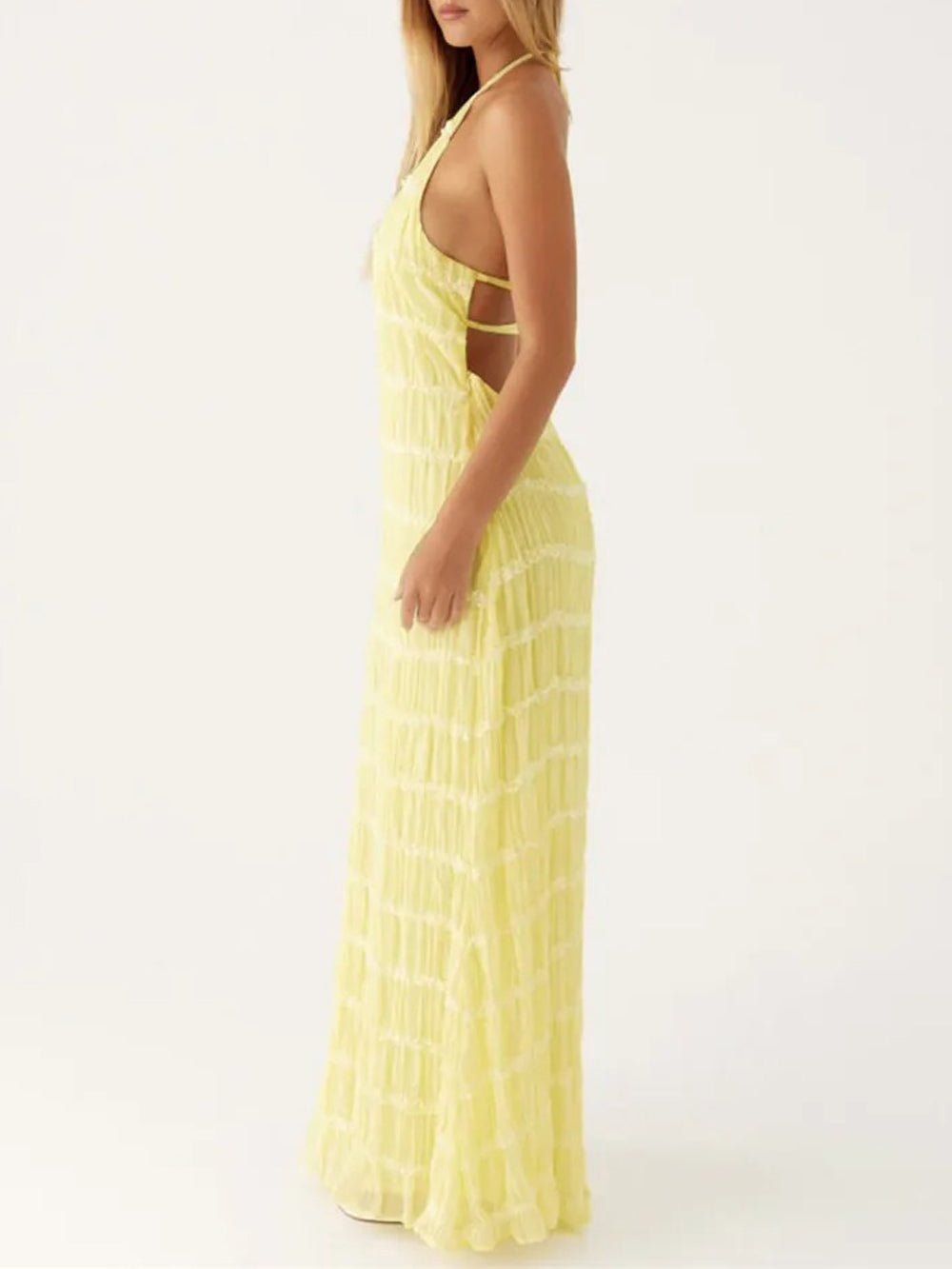 Halter Neck Tiered Ruffle Pleated Bodycon Maxi Dress 11