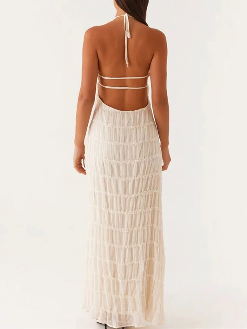 Halter Neck Tiered Ruffle Pleated Bodycon Maxi Dress 7