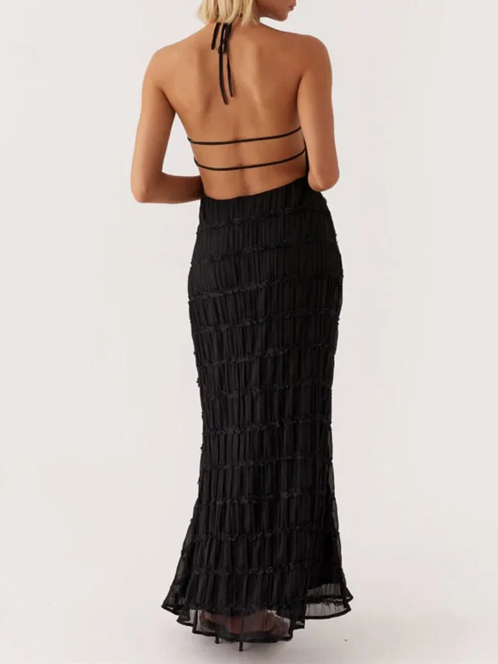 Halter Neck Tiered Ruffle Pleated Bodycon Maxi Dress 2