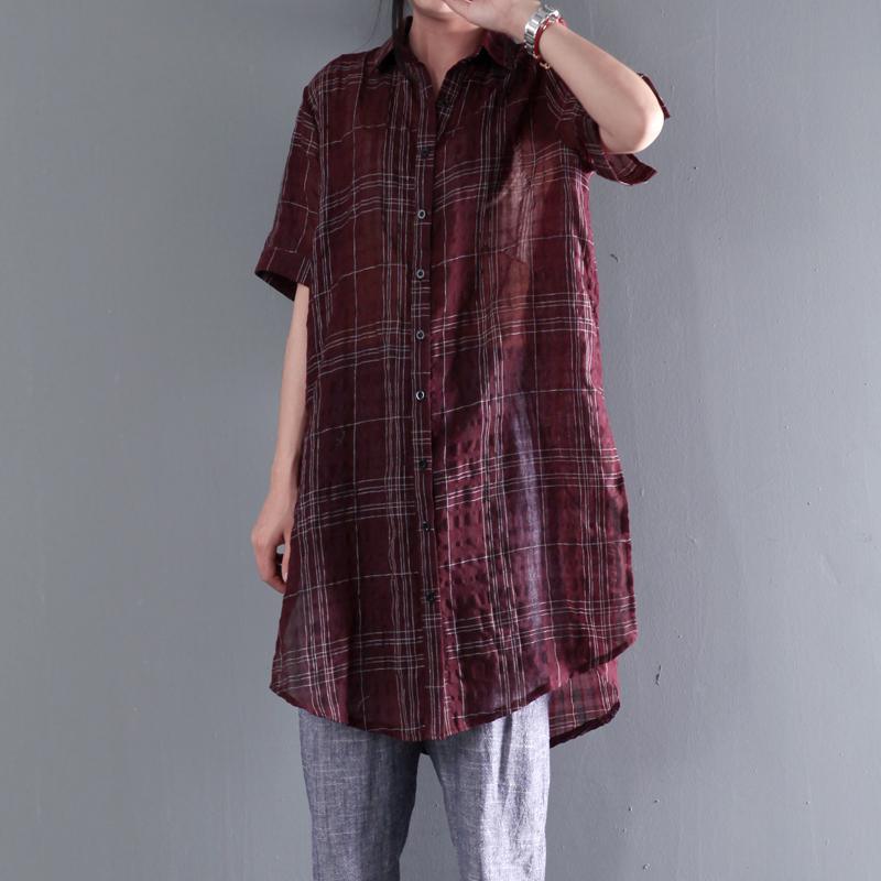 ruby red linen sundress short sleeve plaid causal summer dress shirt