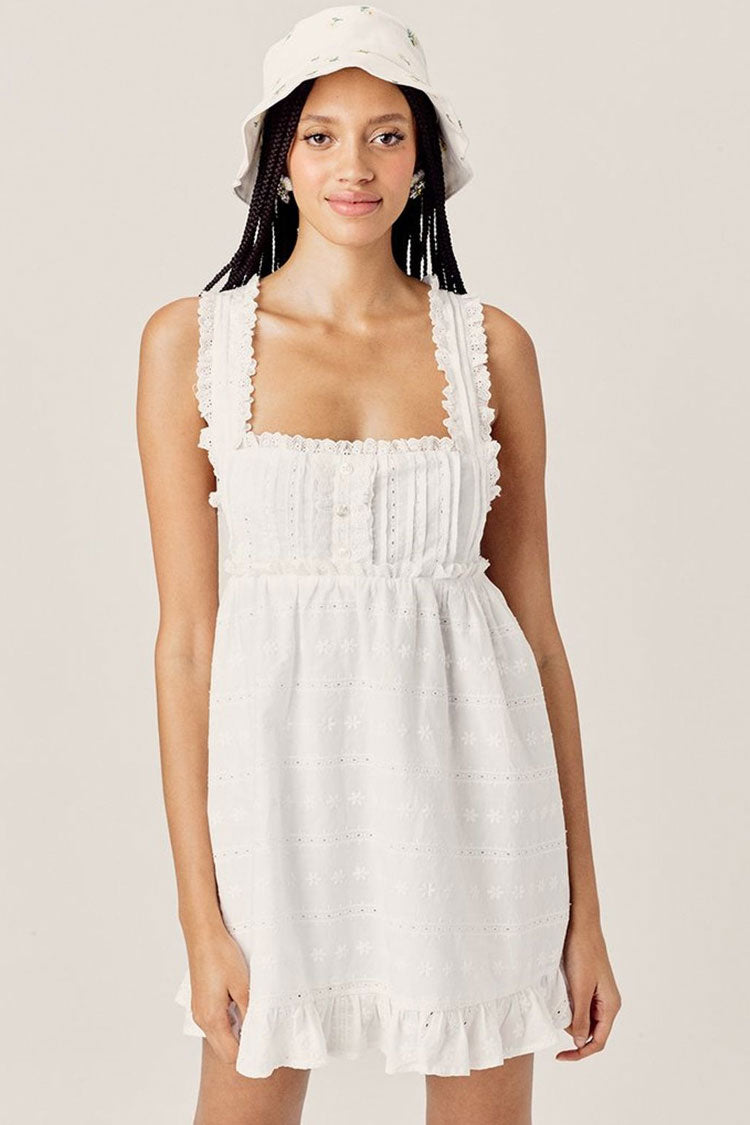 White Square Neck Lace Trim Eyelet Embroidered Ruffle Babydoll Mini Dress