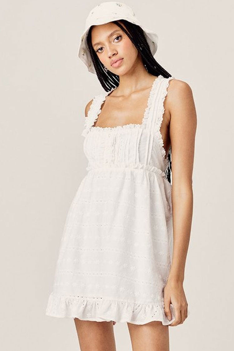 White Square Neck Lace Trim Eyelet Embroidered Ruffle Babydoll Mini Dress