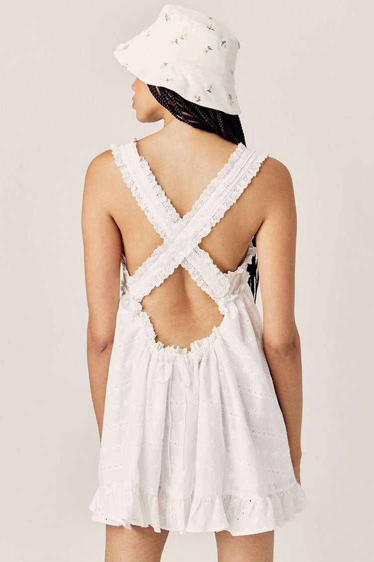 White Square Neck Lace Trim Eyelet Embroidered Ruffle Babydoll Mini Dress