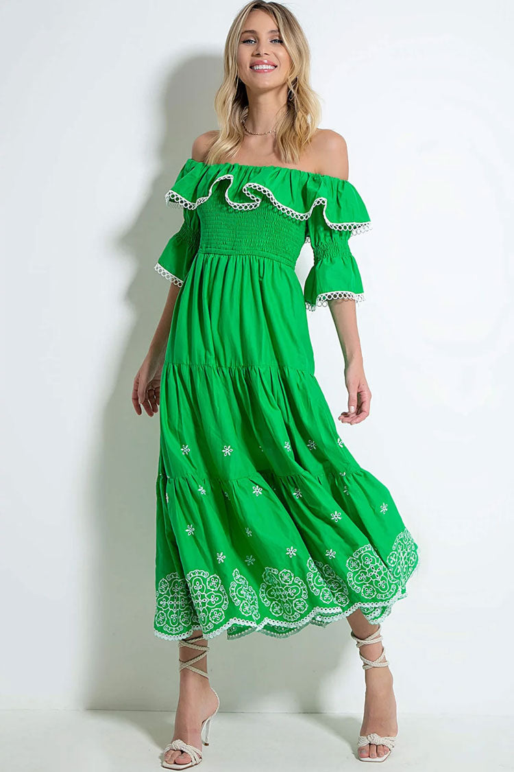 Green Off-Shoulder Ruffle Smocked Embroidered Floral Tiered Maxi Dress