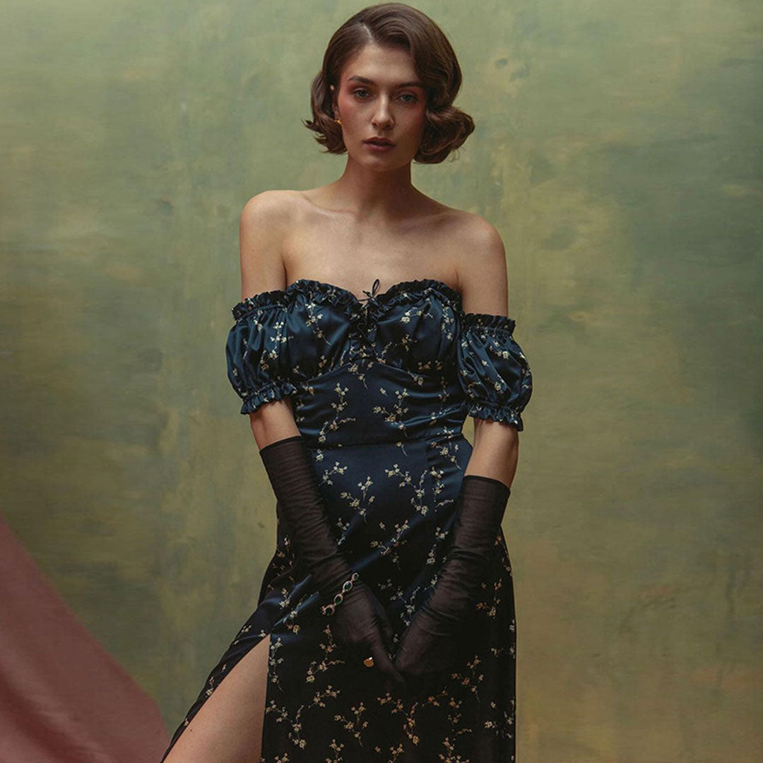 Black Off-Shoulder Puff Sleeve Floral Satin Tie Front High Slit Maxi Dress