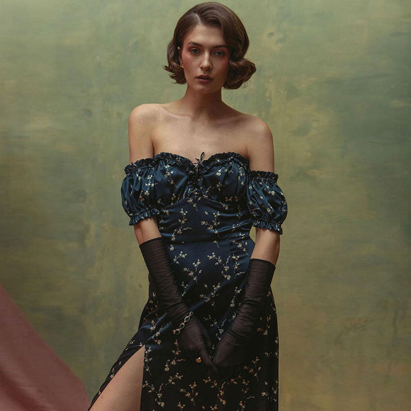 Black Off-Shoulder Puff Sleeve Floral Satin Tie Front High Slit Maxi Dress