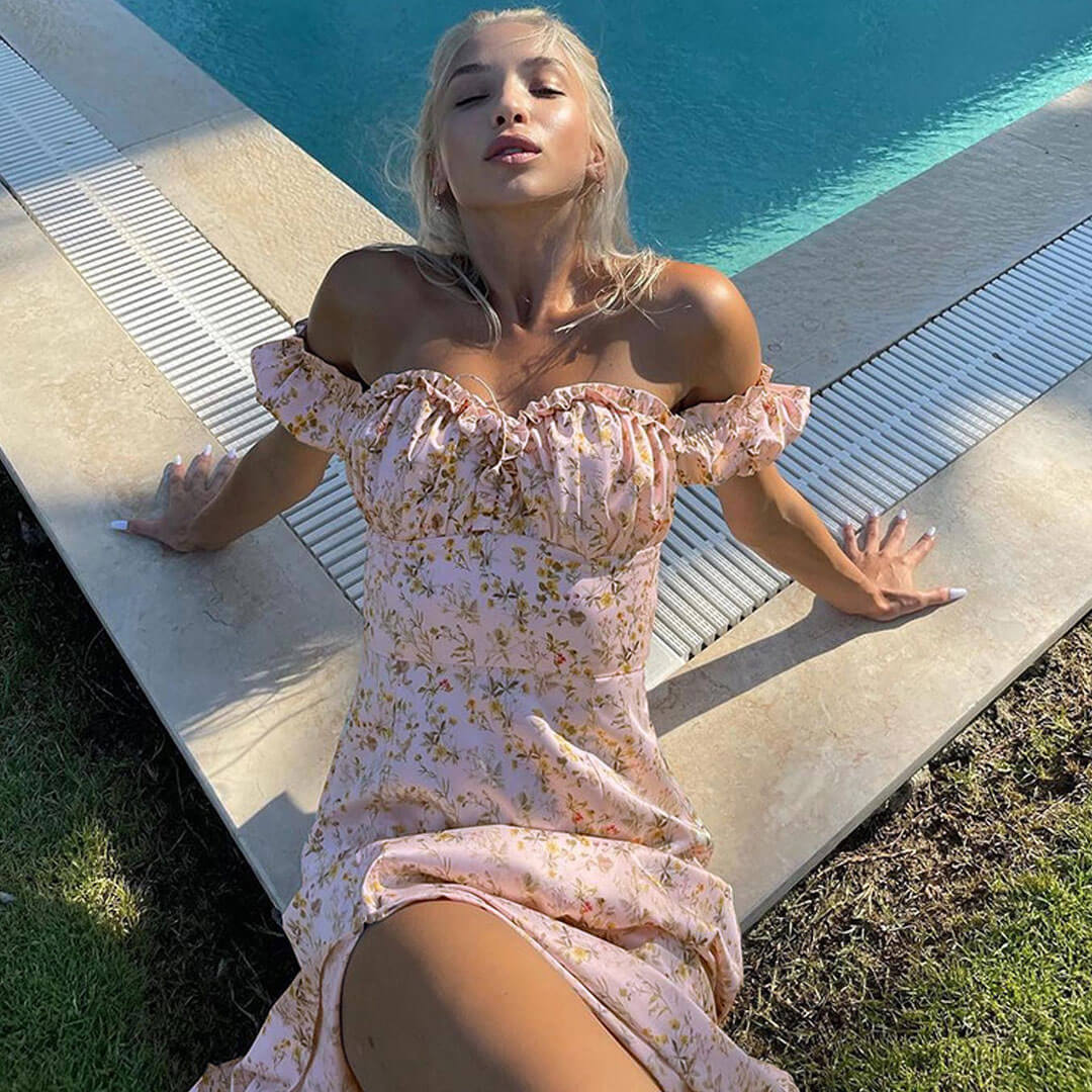 Pink Off-Shoulder Puff Sleeve Floral High Slit A-Line Maxi Dress