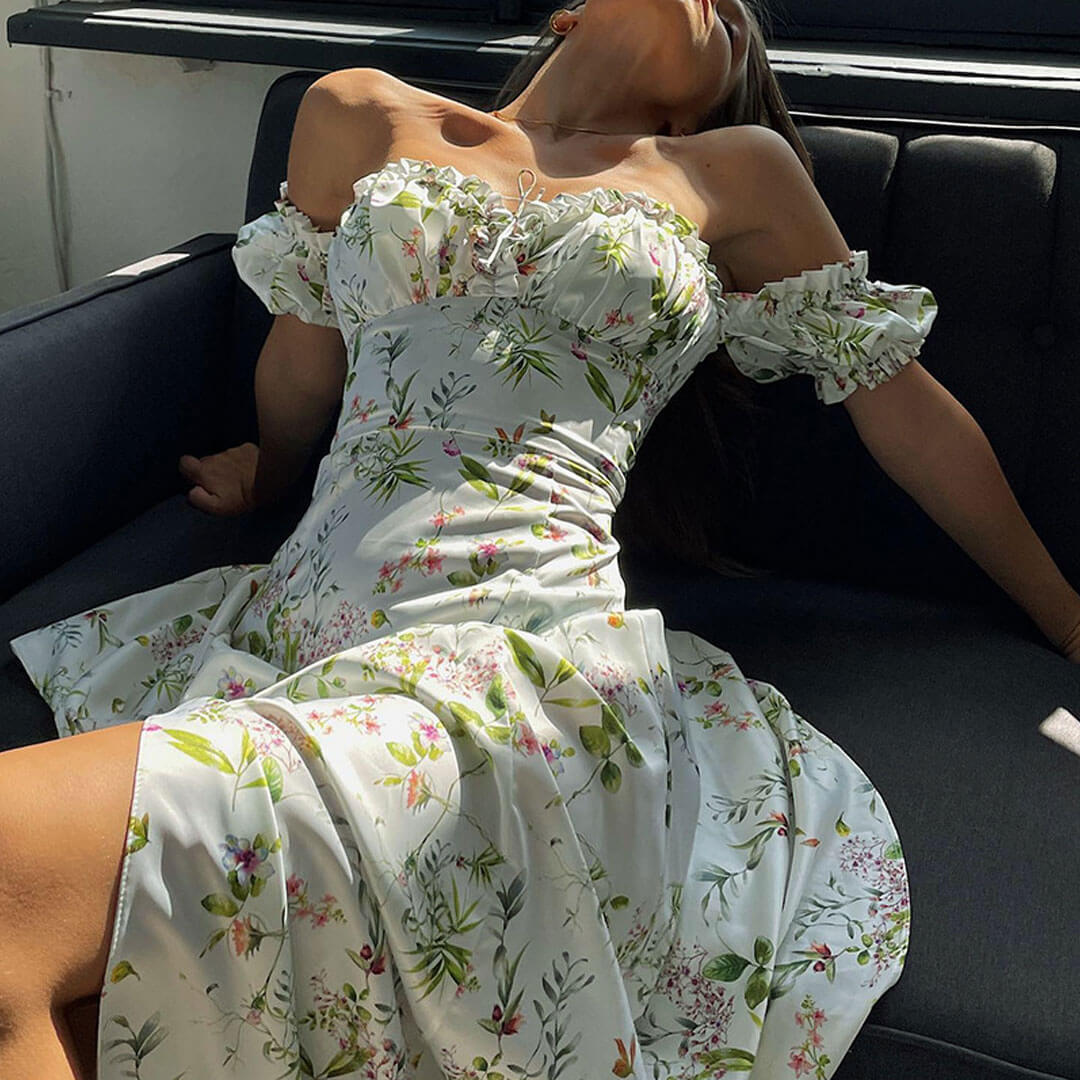 White Off-Shoulder Puff Sleeve Floral High Slit A-Line Maxi Dress
