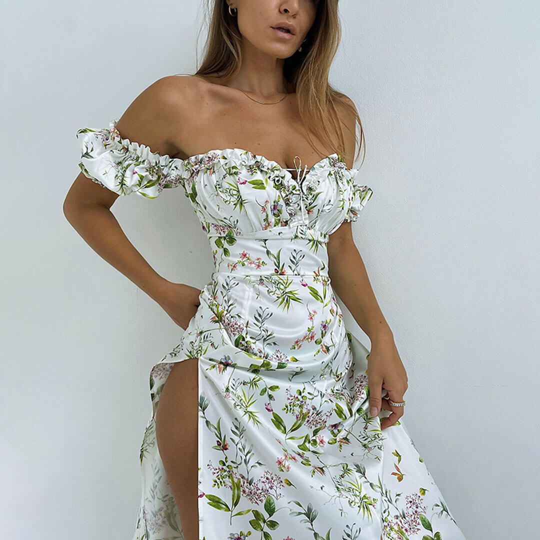 White Off-Shoulder Puff Sleeve Floral High Slit A-Line Maxi Dress