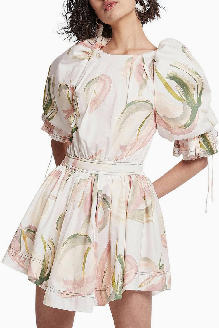 White Square Neck Puff Sleeve Floral Print Fit and Flare Mini Dress
