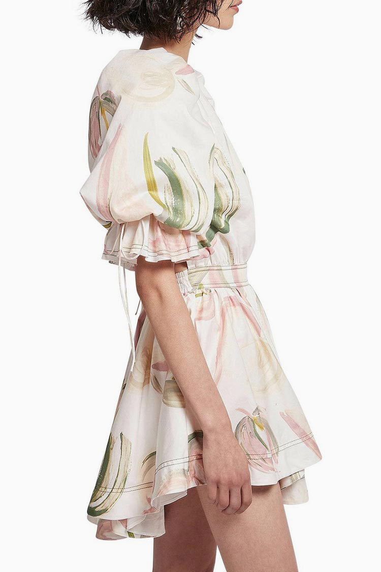 White Square Neck Puff Sleeve Floral Print Fit and Flare Mini Dress