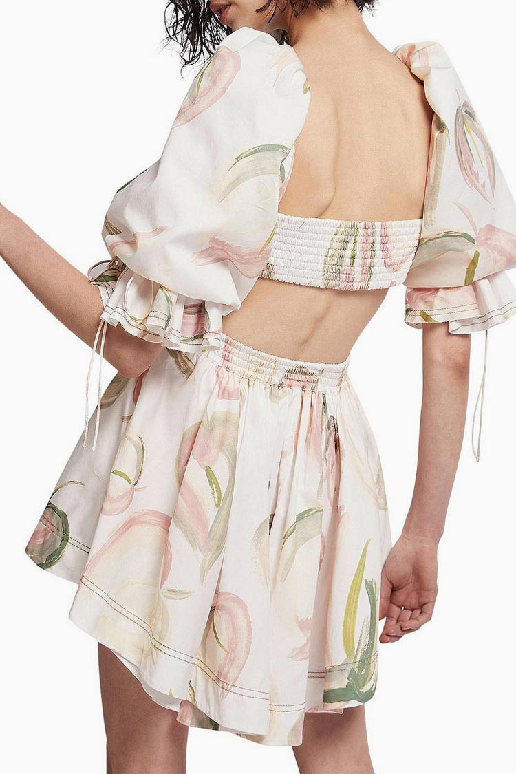 White Square Neck Puff Sleeve Floral Print Fit and Flare Mini Dress