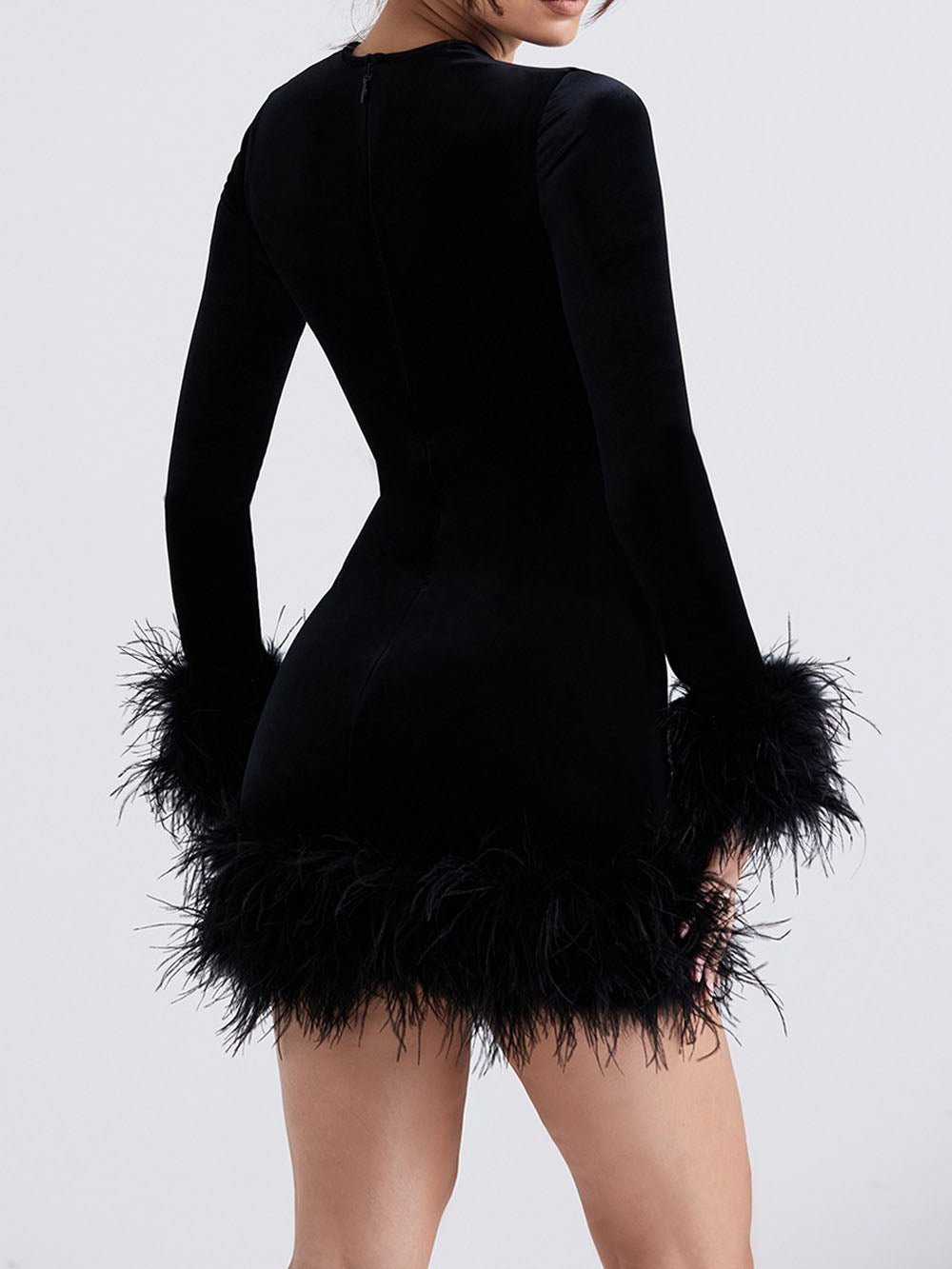 Velvet Long Sleeve Feather Trim Bodycon Mini Dress 5