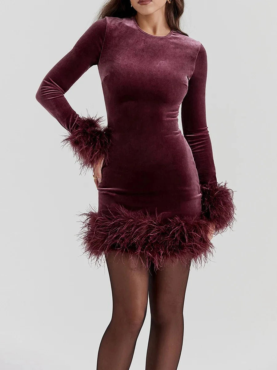 Velvet Long Sleeve Feather Trim Bodycon Mini Dress 6