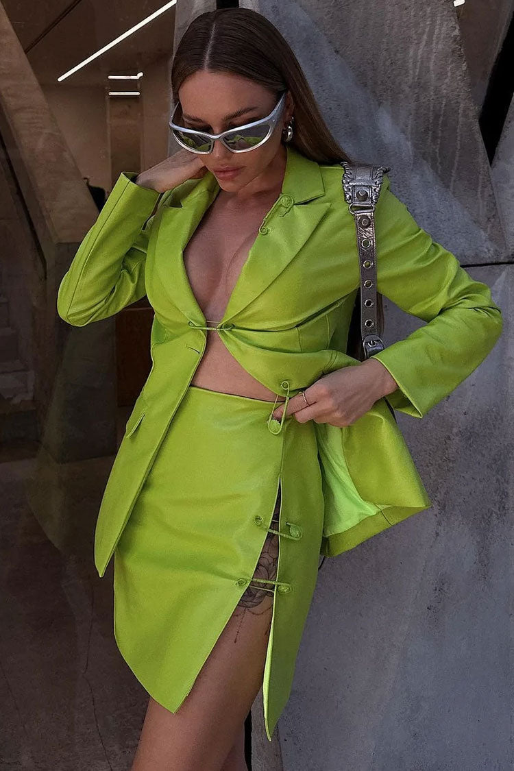 Green Lapel Collar Safety Pin Split Front Blazer Two Piece Mini Dress