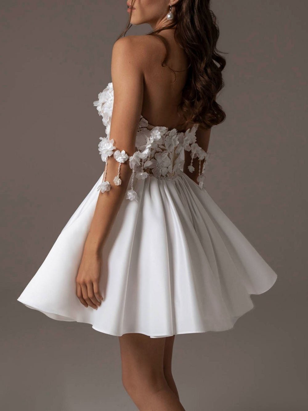 White Lace Corset 3D Floral Off Shoulder Drop Sleeve Satin Mini Dress 2