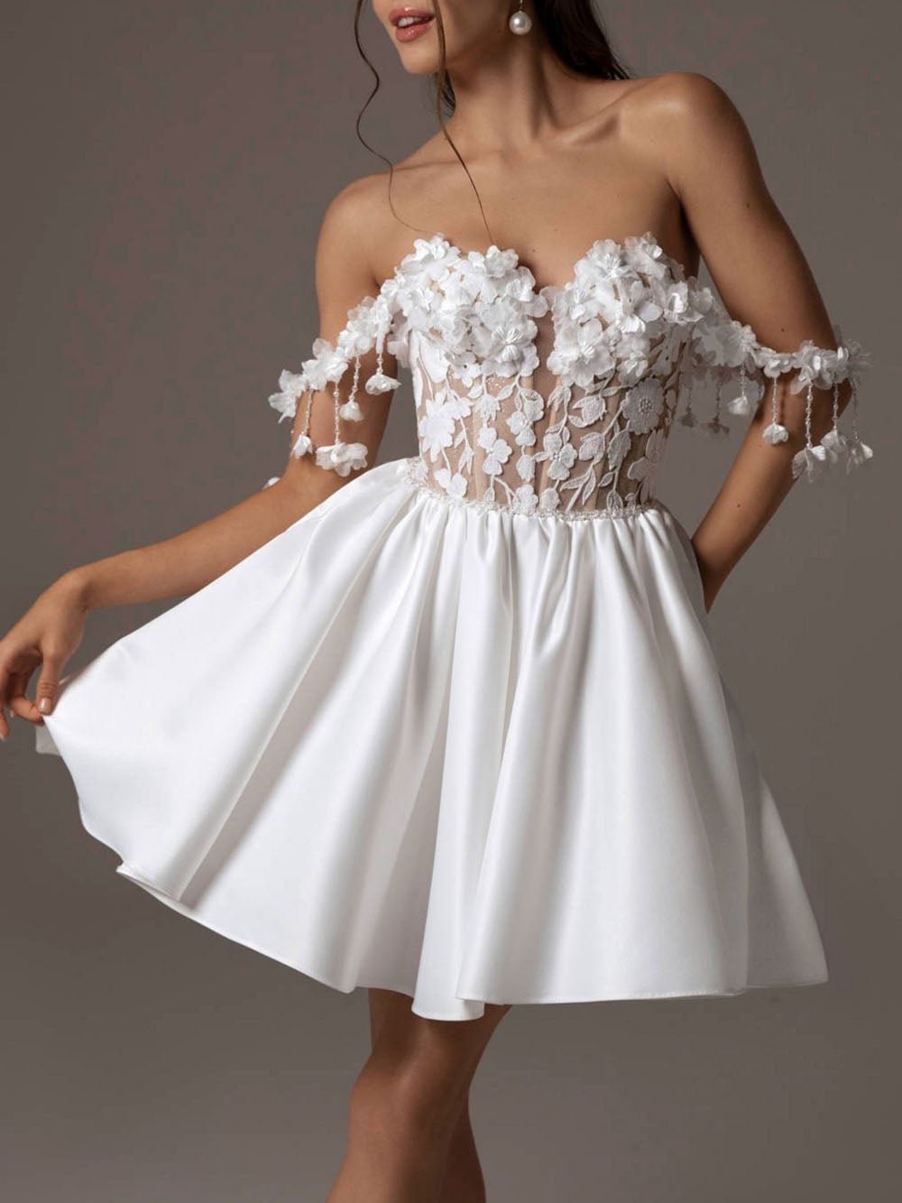 White Lace Corset 3D Floral Off Shoulder Drop Sleeve Satin Mini Dress 3