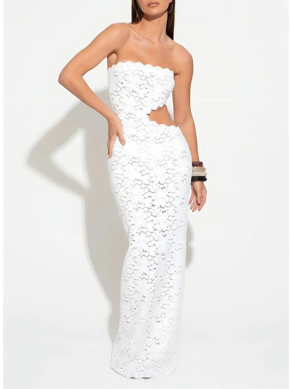 White Lace Strapless Side Cut Out Scalloped Hem Column Maxi Dress 4