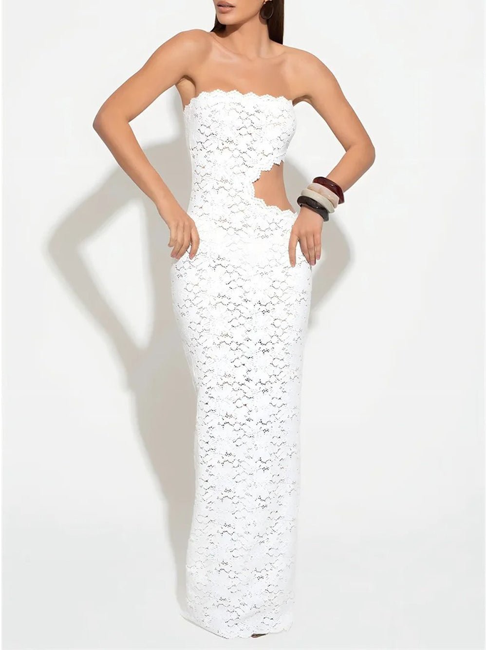 White Lace Strapless Side Cut Out Scalloped Hem Column Maxi Dress 3