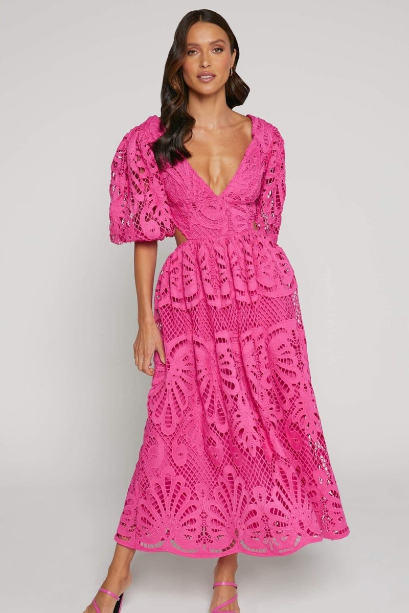 Katia Aesthetic Midi Dress with Embroidered Lace and Cutouts Elevated Occasion Wear