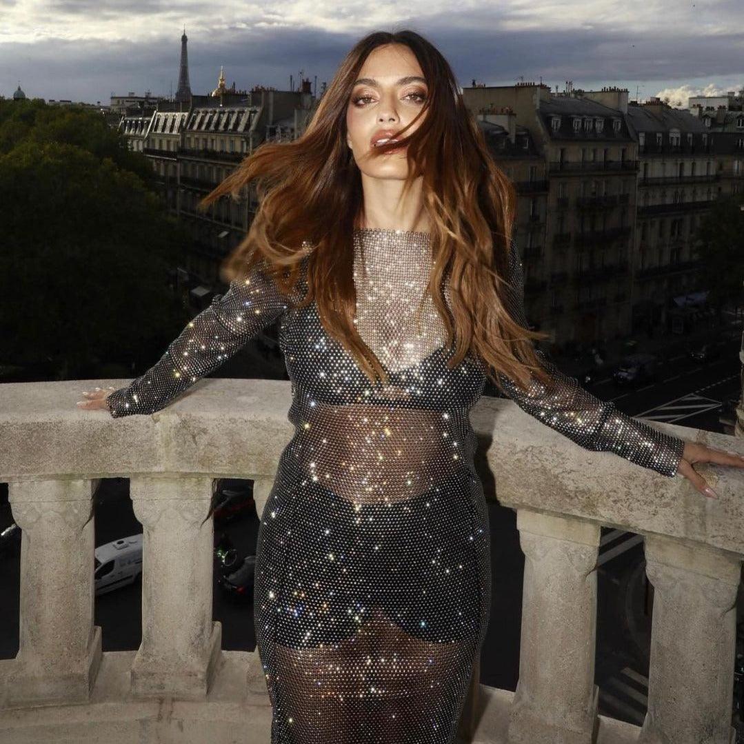 Round Neck Rhinestone Sheer Long Sleeve High Slit Bodycon Maxi Dress