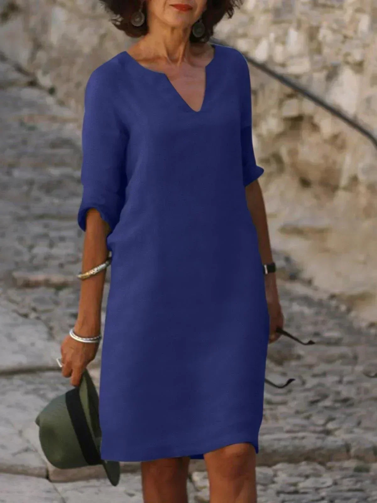 Split V-Neck Half Sleeve Linen Shift Midi Dress