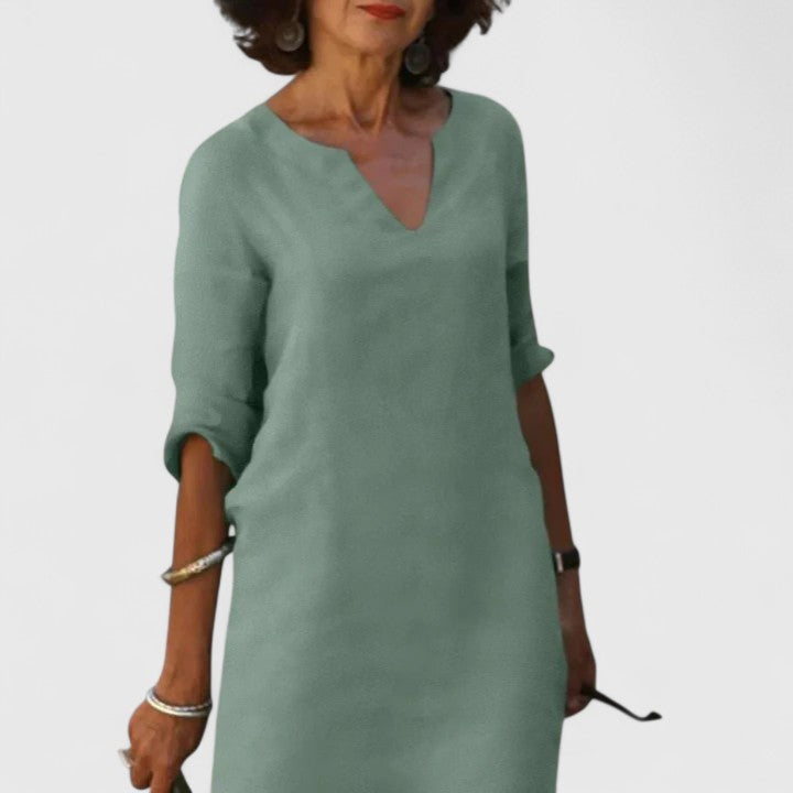 Notch V-Neck Roll-Tab Sleeve Linen Shift Midi Dress