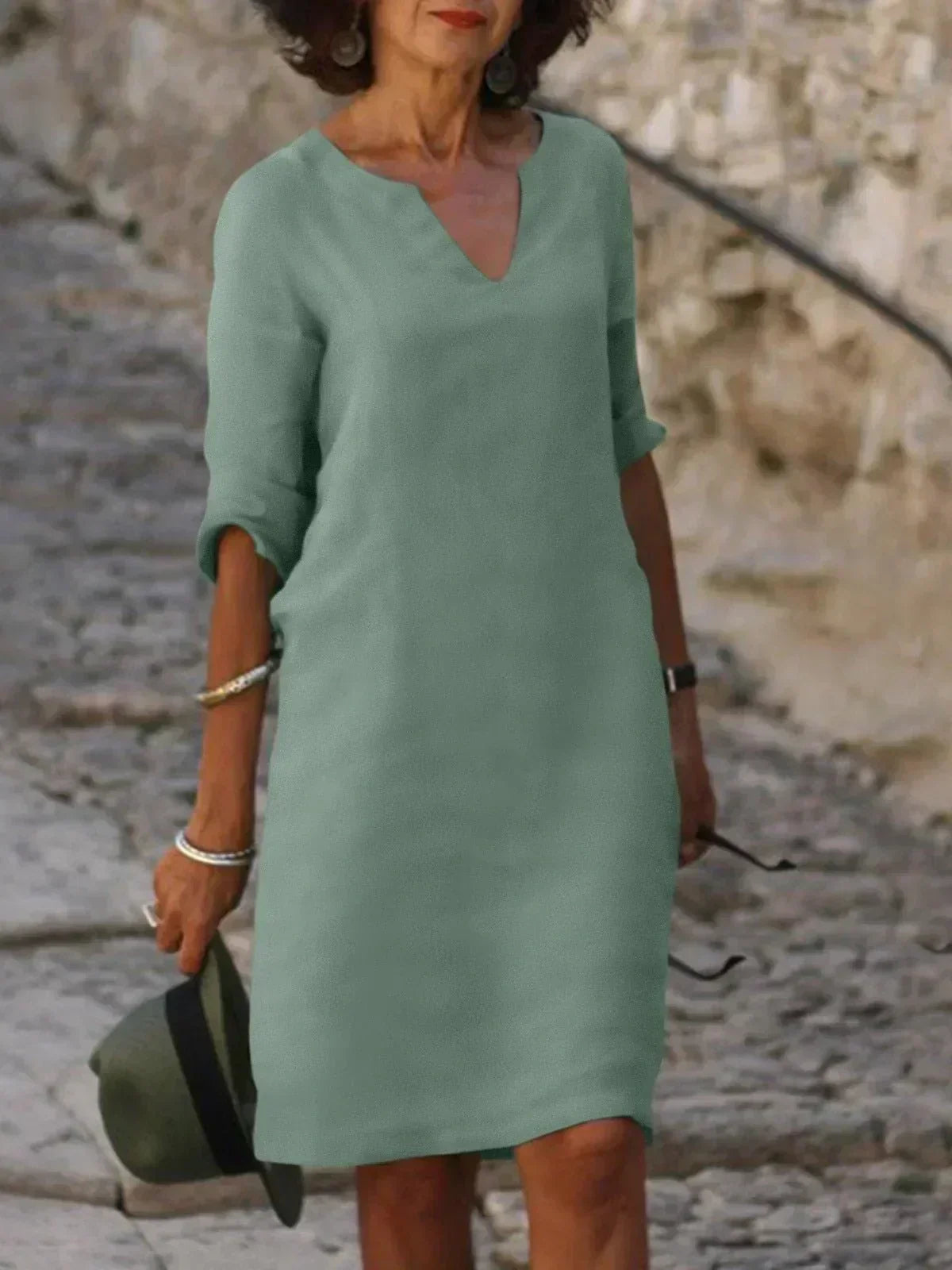 Split V-Neck Half Sleeve Linen Shift Midi Dress