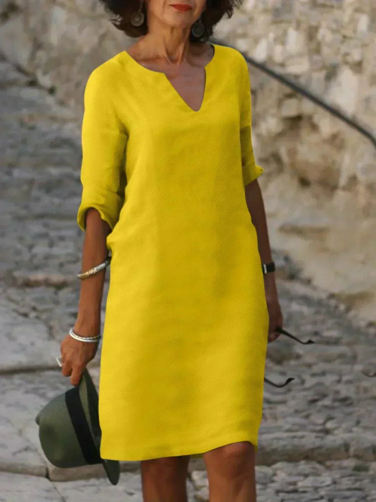 Split V-Neck Half Sleeve Linen Shift Midi Dress