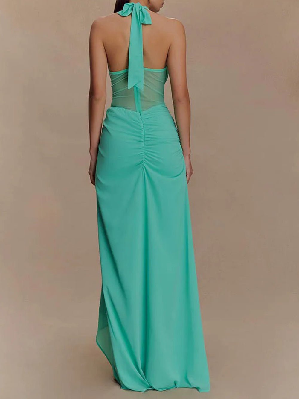 Halter Neck Deep V-Neck Mesh Waist Panel Gathered Drape High Split Maxi Dress 2