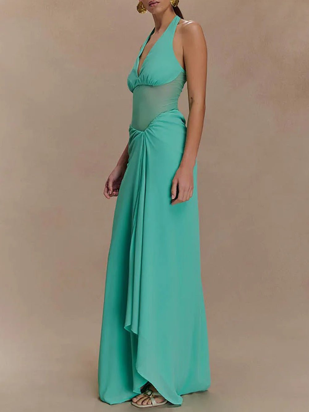 Halter Neck Deep V-Neck Mesh Waist Panel Gathered Drape High Split Maxi Dress 3