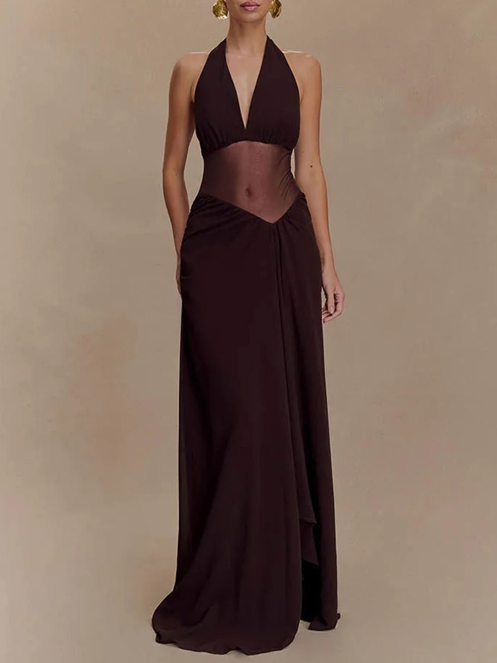 Halter Neck Deep V-Neck Mesh Waist Panel Gathered Drape High Split Maxi Dress 4