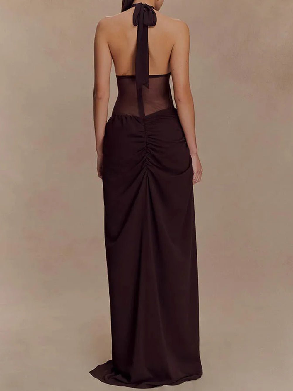 Halter Neck Deep V-Neck Mesh Waist Panel Gathered Drape High Split Maxi Dress 5