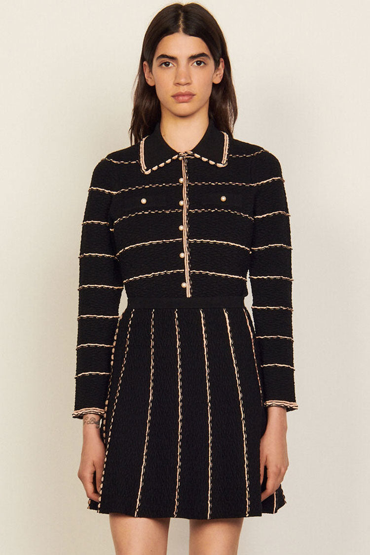 Black Collared Pearl Button Scalloped Trim Knit Cardigan Two Piece Mini Dress