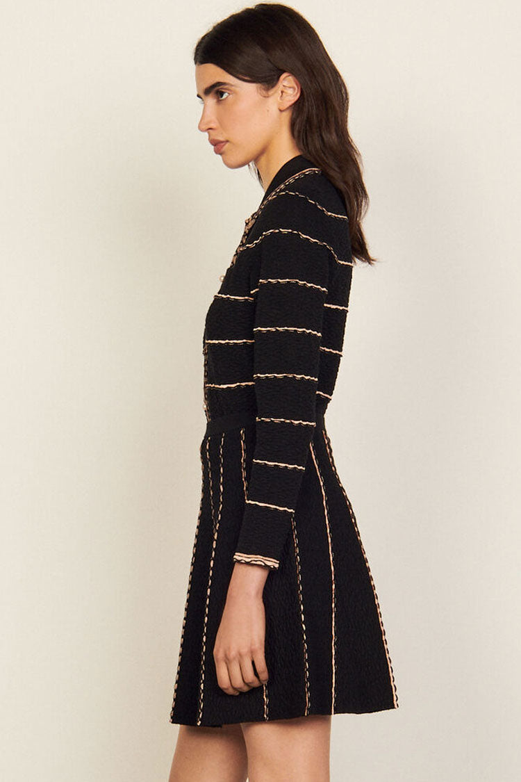 Black Collared Pearl Button Scalloped Trim Knit Cardigan Two Piece Mini Dress