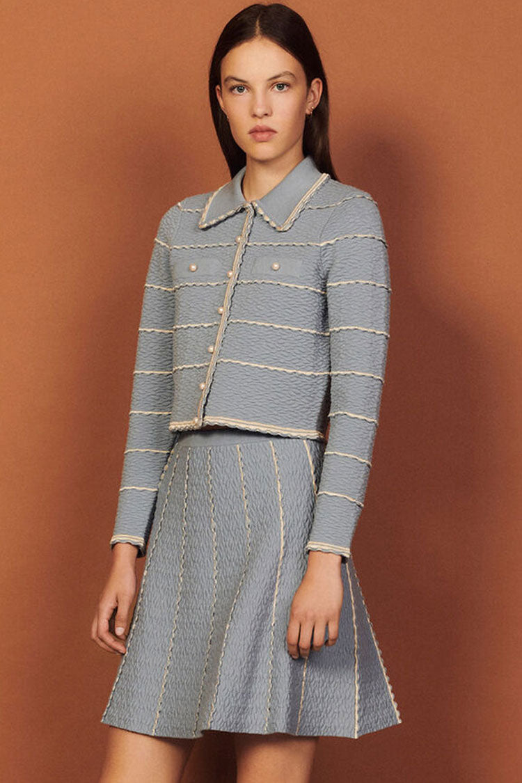 Blue Collared Scalloped Trim Knit Cardigan Two Piece Mini Dress