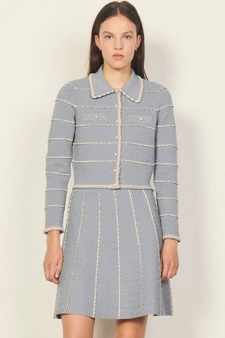 Blue Collared Scalloped Trim Knit Cardigan Two Piece Mini Dress