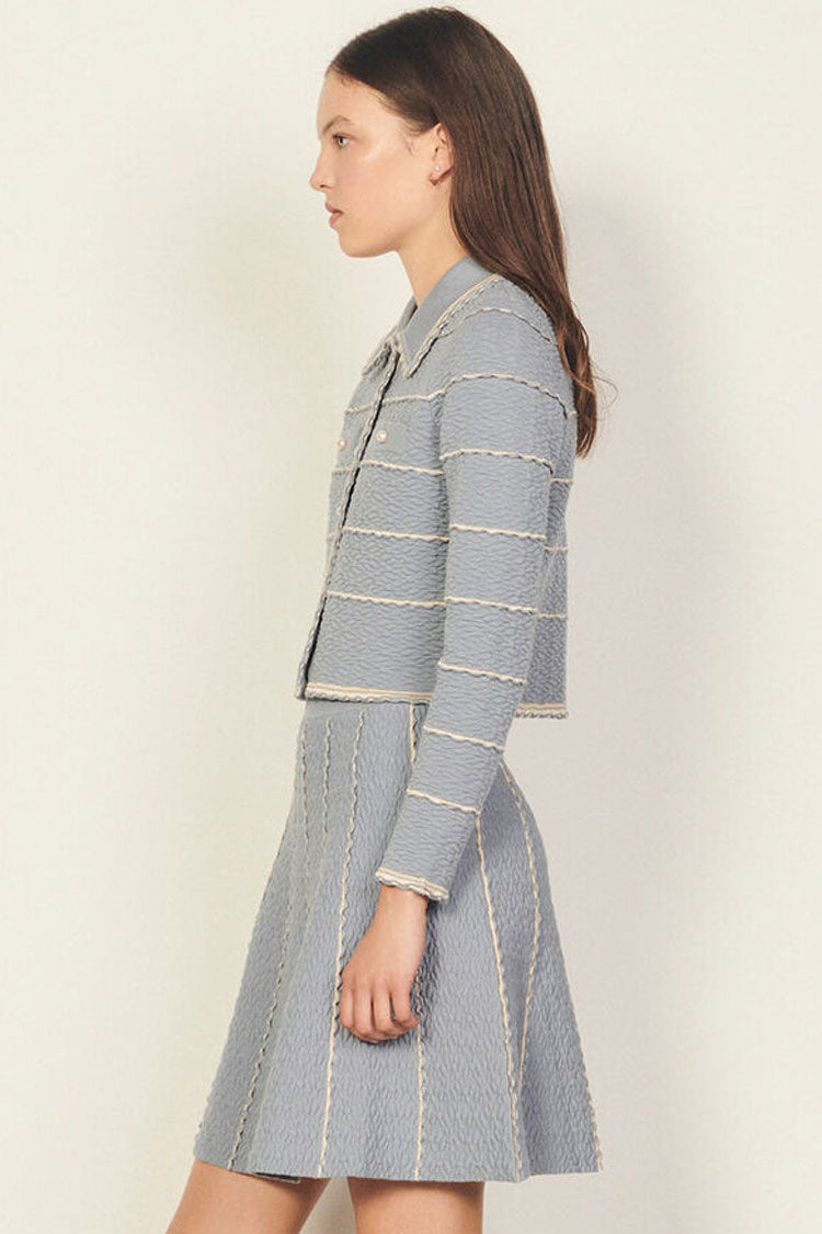 Blue Collared Scalloped Trim Knit Cardigan Two Piece Mini Dress